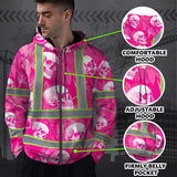 Hi Vis Zip Hoodie Shirt Reflective Tapes Pink Neon White Skull Custom Name Safety Workwear For Workers, Truckers, Operators