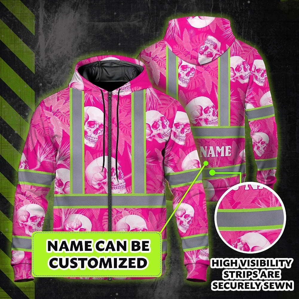 Hi Vis Zip Hoodie Shirt Reflective Tapes Pink Neon White Skull Custom Name Safety Workwear For Workers, Truckers, Operators
