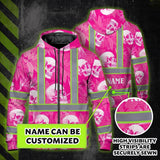 Hi Vis Zip Hoodie Shirt Reflective Tapes Pink Neon White Skull Custom Name Safety Workwear For Workers, Truckers, Operators