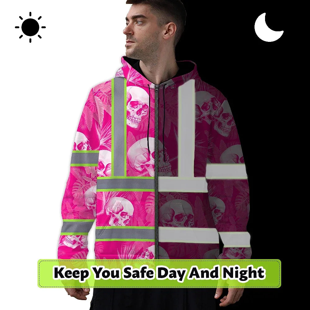 Hi Vis Zip Hoodie Shirt Reflective Tapes Pink Neon White Skull Custom Name Safety Workwear For Workers, Truckers, Operators