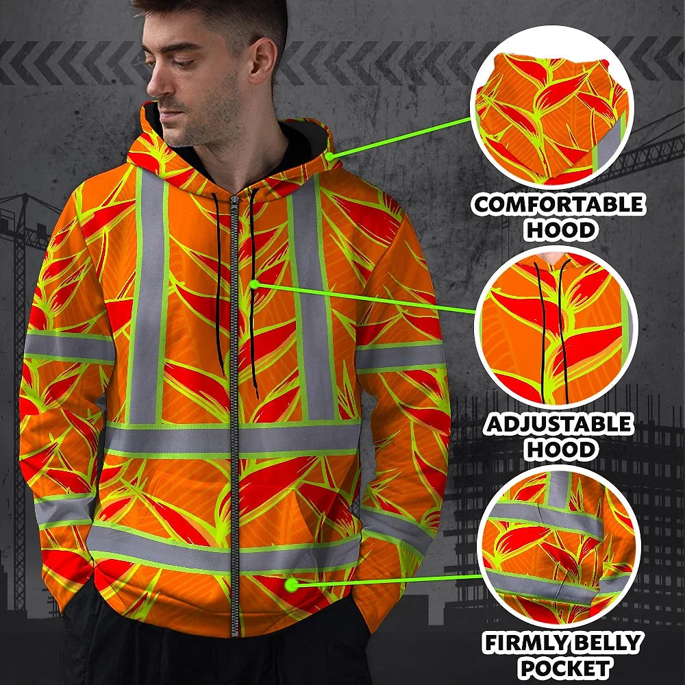 Hi Vis Zip Hoodie Shirt Reflective Tapes Red Neon Lime Heliconia Custom Name Safety Workwear For Workers, Truckers, Operators
