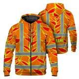 Hi Vis Zip Hoodie Shirt Reflective Tapes Red Neon Lime Heliconia Custom Name Safety Workwear For Workers, Truckers, Operators