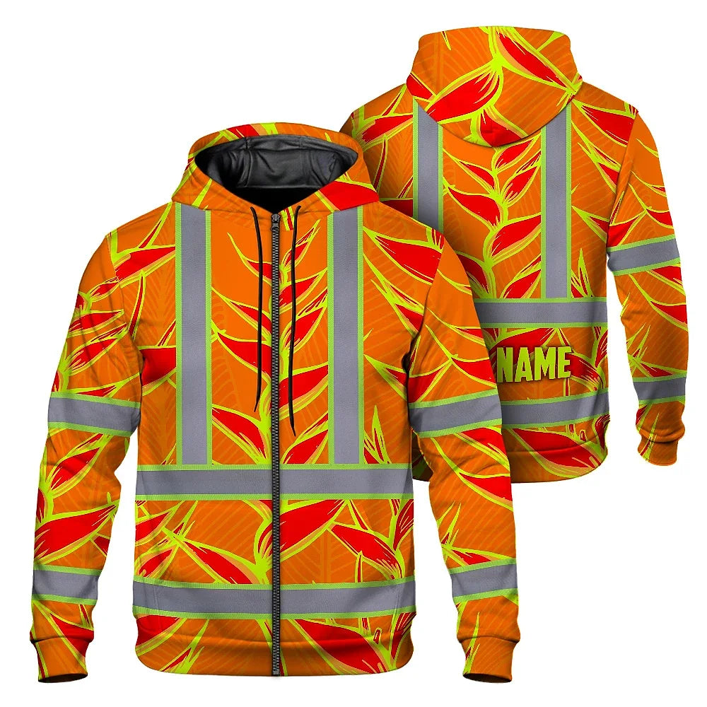 Hi Vis Zip Hoodie Shirt Reflective Tapes Red Neon Lime Heliconia Custom Name Safety Workwear For Workers, Truckers, Operators
