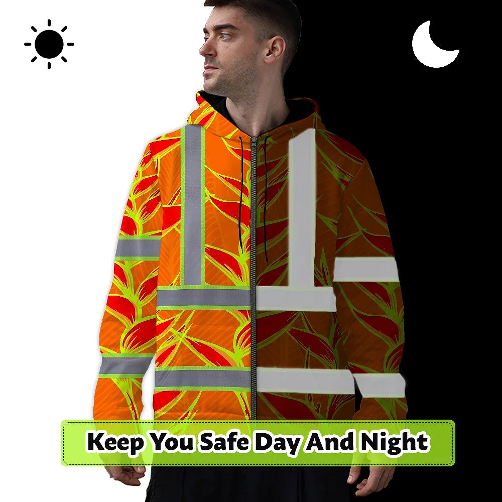 Hi Vis Zip Hoodie Shirt Reflective Tapes Red Neon Lime Heliconia Custom Name Safety Workwear For Workers, Truckers, Operators