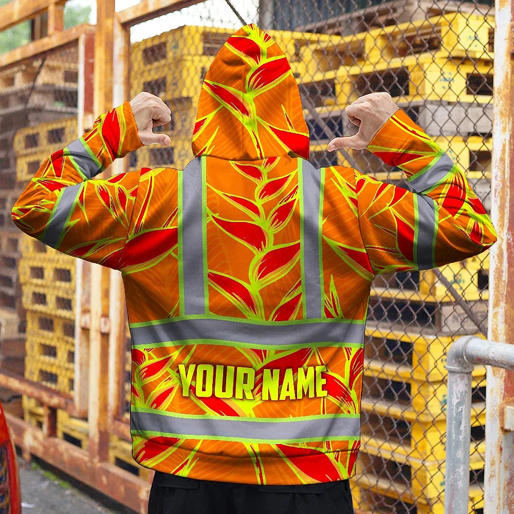 Hi Vis Zip Hoodie Shirt Reflective Tapes Red Neon Lime Heliconia Custom Name Safety Workwear For Workers, Truckers, Operators