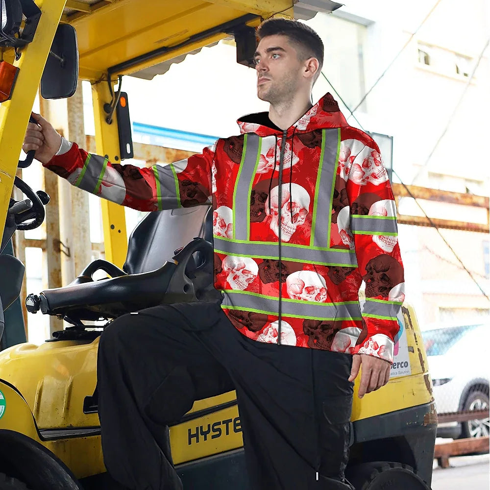 Hi Vis Zip Hoodie Shirt Reflective Tapes Red Neon White Skull Custom Name Safety Workwear For Workers, Truckers, Operators