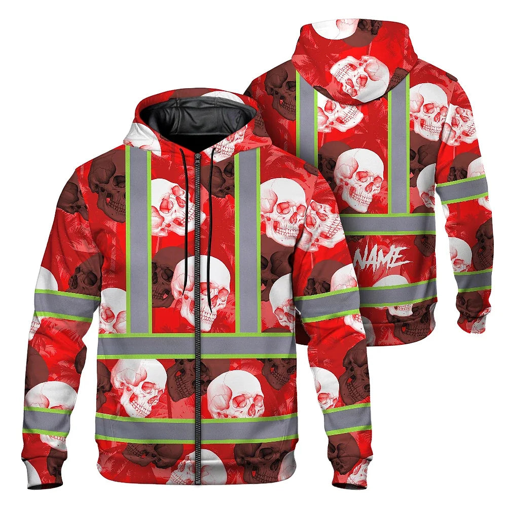 Hi Vis Zip Hoodie Shirt Reflective Tapes Red Neon White Skull Custom Name Safety Workwear For Workers, Truckers, Operators