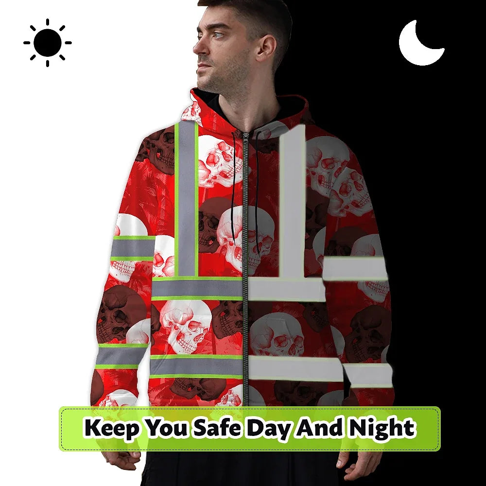 Hi Vis Zip Hoodie Shirt Reflective Tapes Red Neon White Skull Custom Name Safety Workwear For Workers, Truckers, Operators