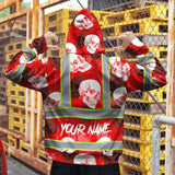 Hi Vis Zip Hoodie Shirt Reflective Tapes Red Neon White Skull Custom Name Safety Workwear For Workers, Truckers, Operators
