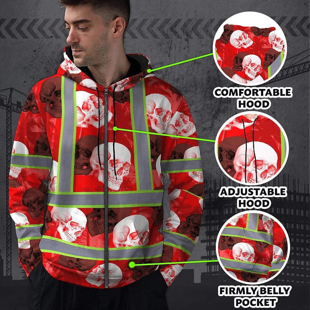 Hi Vis Zip Hoodie Shirt Reflective Tapes Red Neon White Skull Custom Name Safety Workwear For Workers, Truckers, Operators