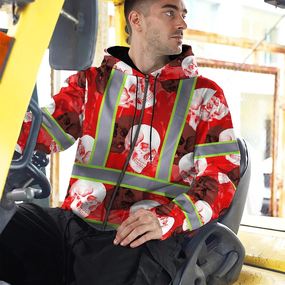 Hi Vis Zip Hoodie Shirt Reflective Tapes Red Neon White Skull Custom Name Safety Workwear For Workers, Truckers, Operators