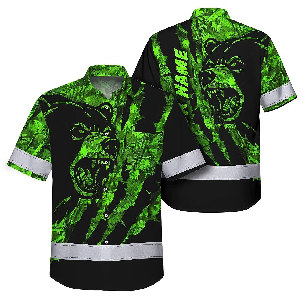 High Visibility Hawaiian Shirt Bear Hunting Design, Reflective Hi Vis Custom Name Hoodie For Hunting Lover