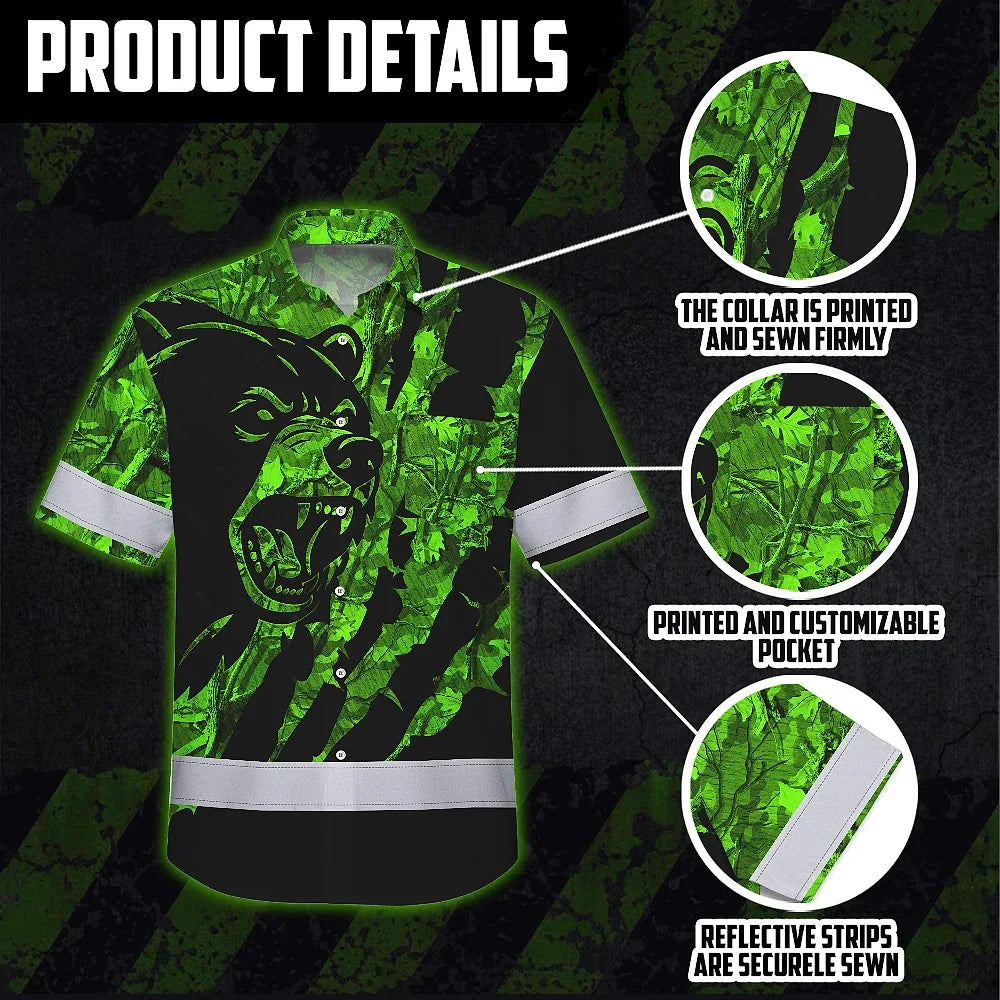 High Visibility Hawaiian Shirt Bear Hunting Design, Reflective Hi Vis Custom Name Hoodie For Hunting Lover