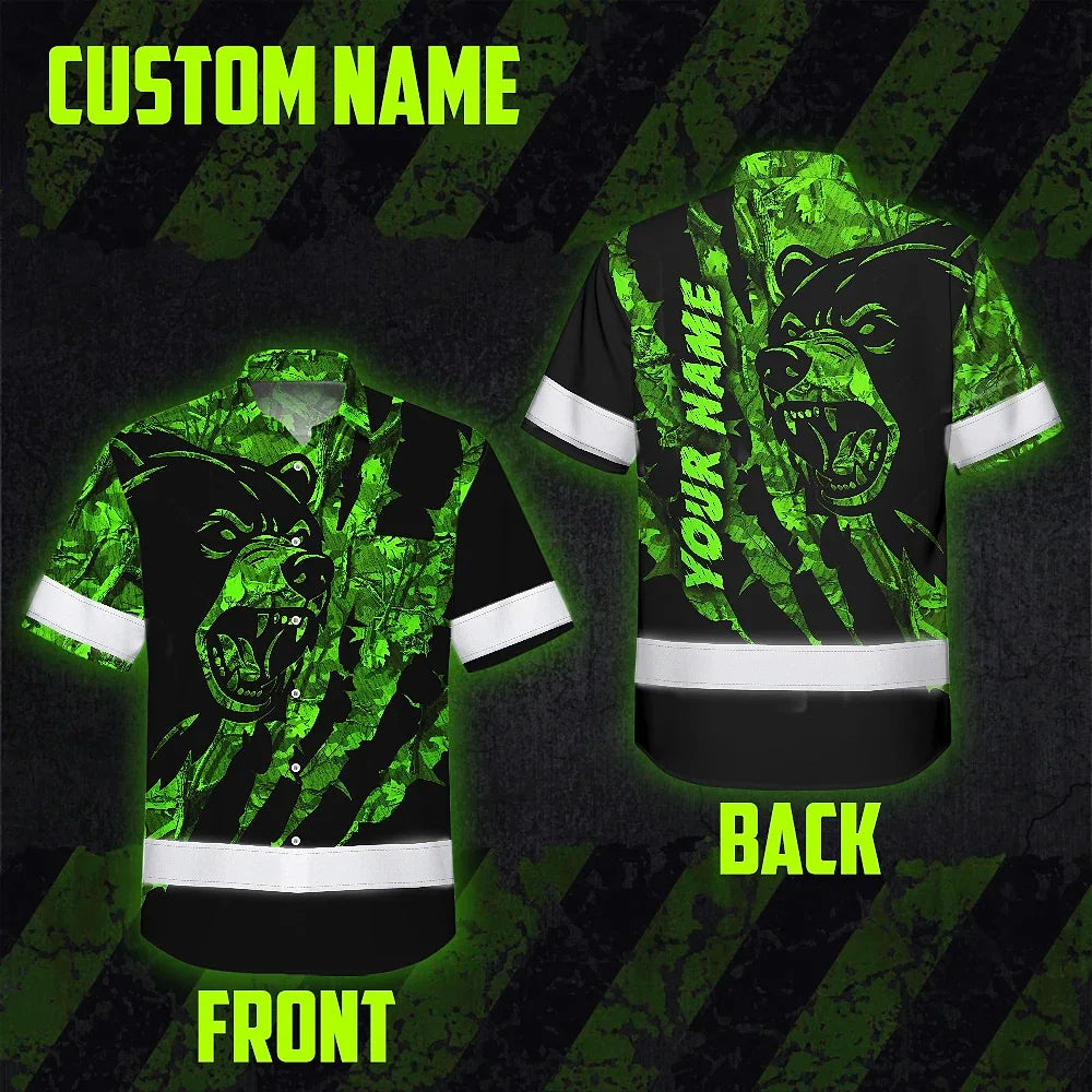 High Visibility Hawaiian Shirt Bear Hunting Design, Reflective Hi Vis Custom Name Hoodie For Hunting Lover