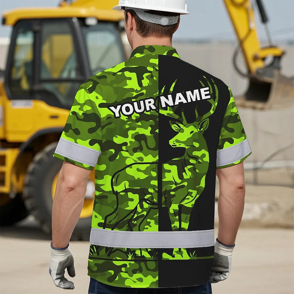 High Visibility Hawaiian Shirt Camo Hunting Deer Design, Reflective Hi Vis Custom Name Hoodie For Hunting Lover