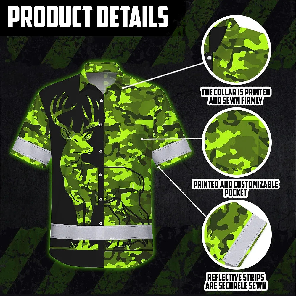 High Visibility Hawaiian Shirt Camo Hunting Deer Design, Reflective Hi Vis Custom Name Hoodie For Hunting Lover