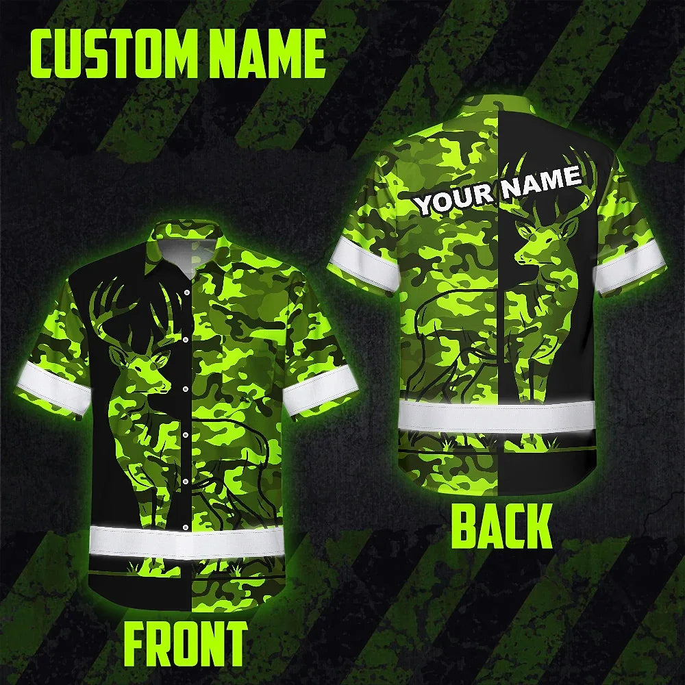 High Visibility Hawaiian Shirt Camo Hunting Deer Design, Reflective Hi Vis Custom Name Hoodie For Hunting Lover