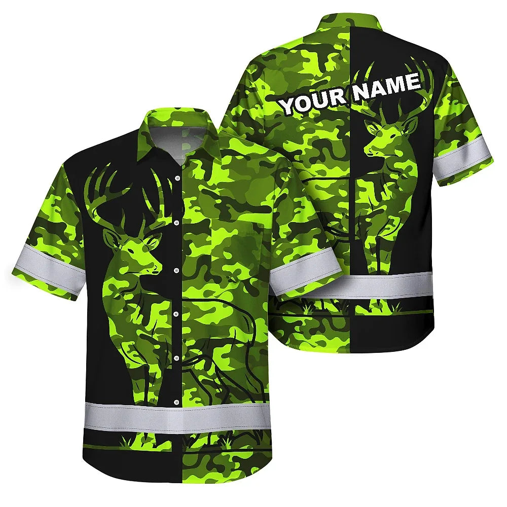 High Visibility Hawaiian Shirt Camo Hunting Deer Design, Reflective Hi Vis Custom Name Hoodie For Hunting Lover