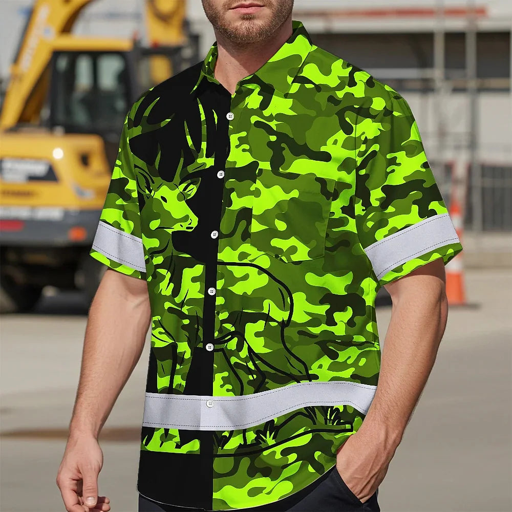 High Visibility Hawaiian Shirt Camo Hunting Deer Design, Reflective Hi Vis Custom Name Hoodie For Hunting Lover