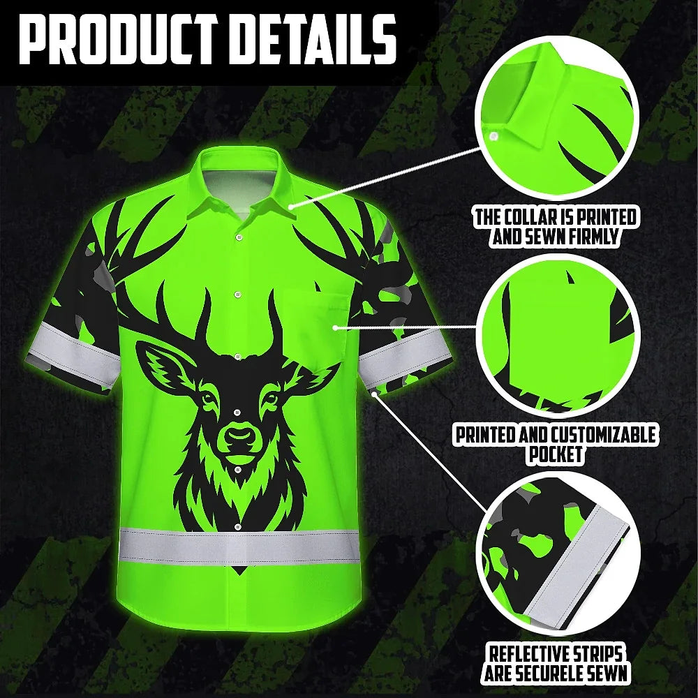 High Visibility Hawaiian Shirt Deer Hunting Design, Reflective Hi Vis Custom Name Hoodie For Hunting Lover