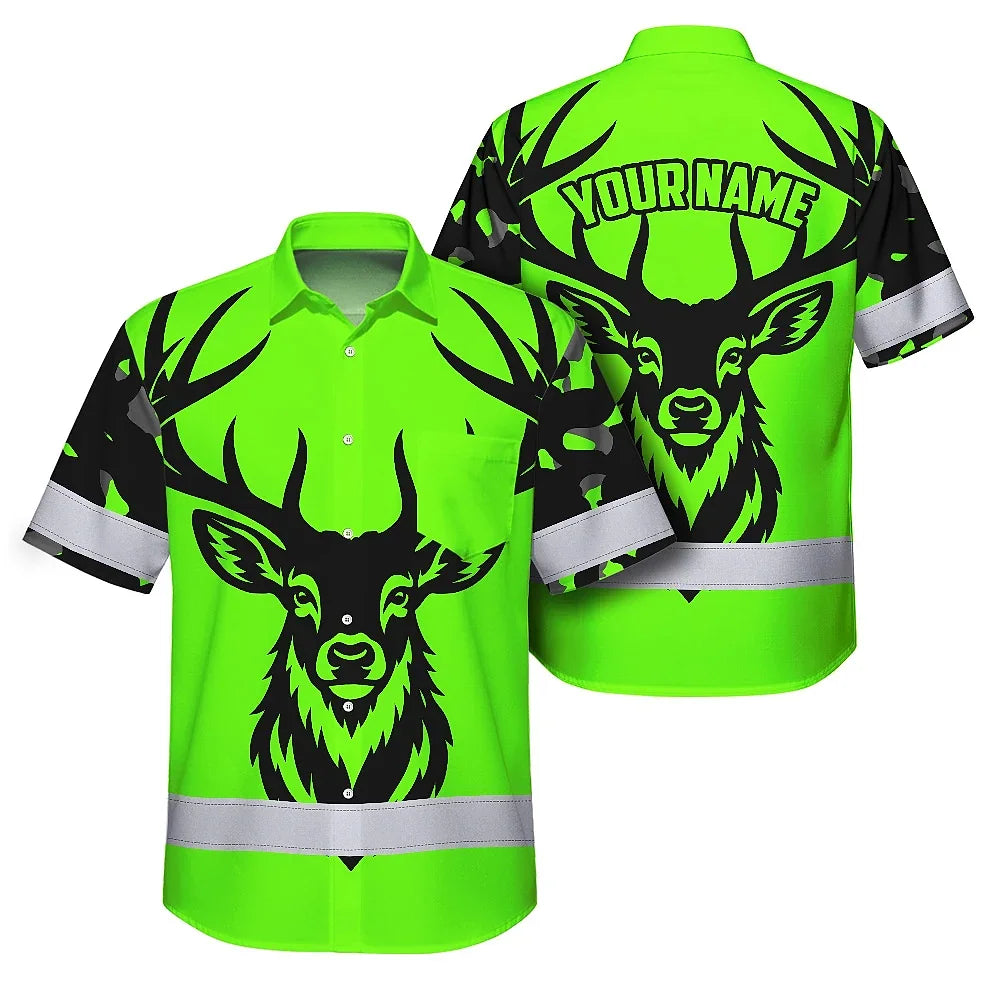High Visibility Hawaiian Shirt Deer Hunting Design, Reflective Hi Vis Custom Name Hoodie For Hunting Lover