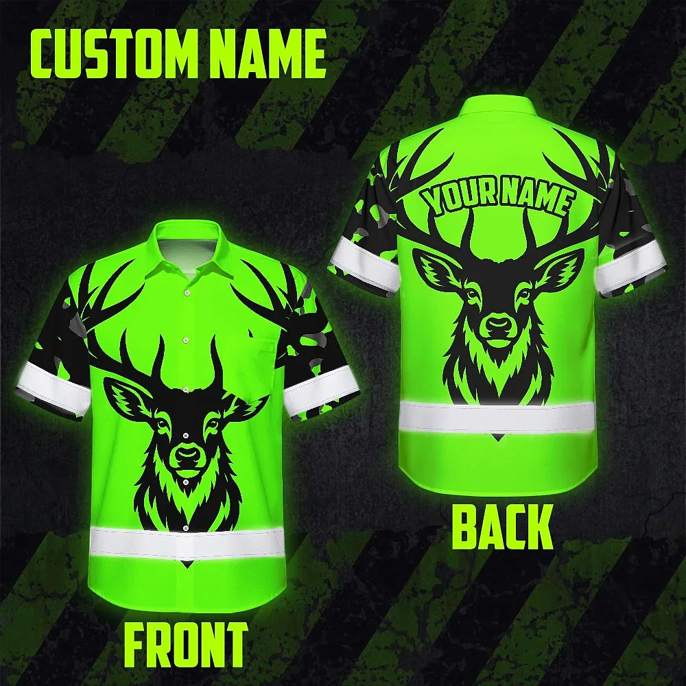 High Visibility Hawaiian Shirt Deer Hunting Design, Reflective Hi Vis Custom Name Hoodie For Hunting Lover