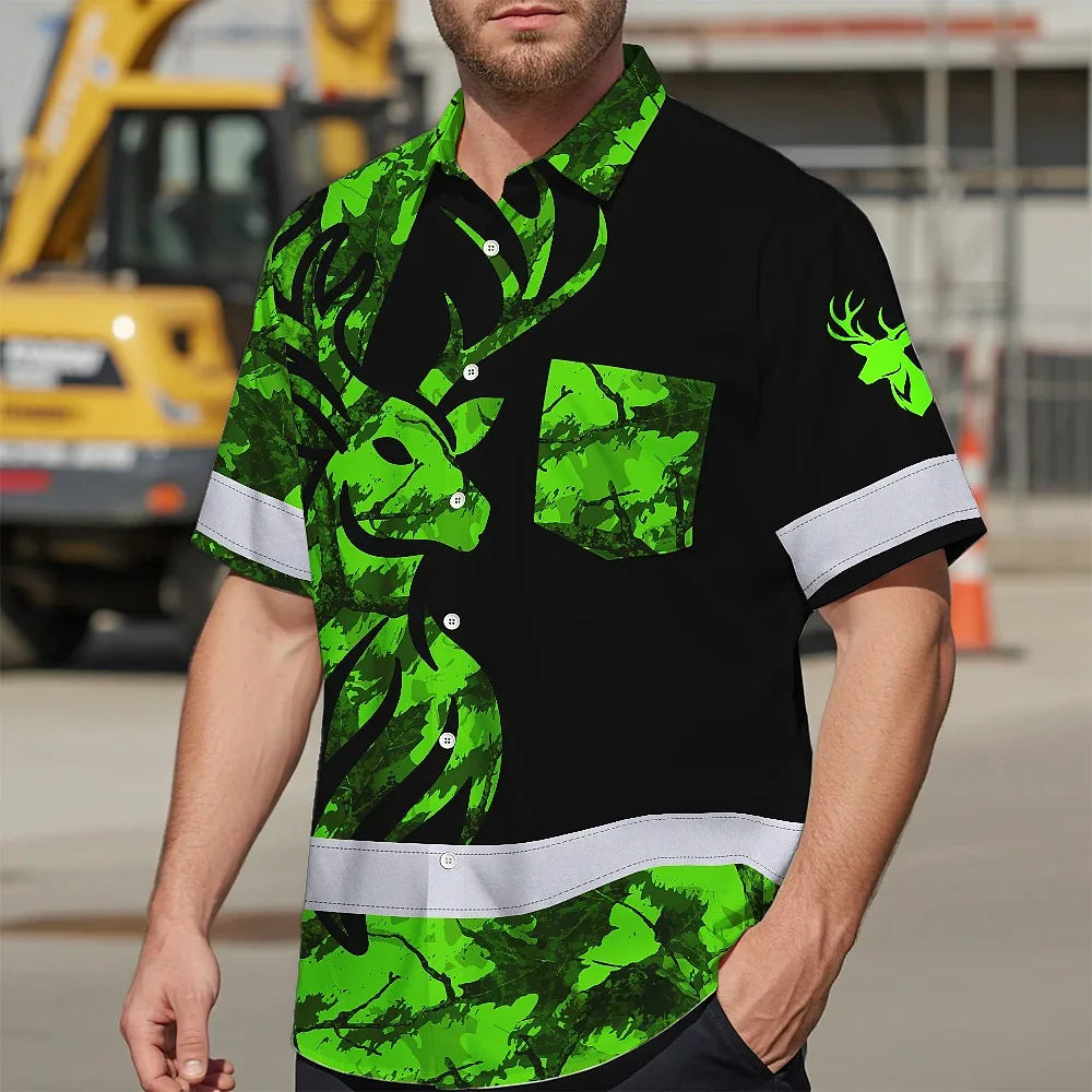 High Visibility Hawaiian Shirt Deer With Hunting Design, Reflective Hi Vis Custom Name Hoodie For Hunting Lover