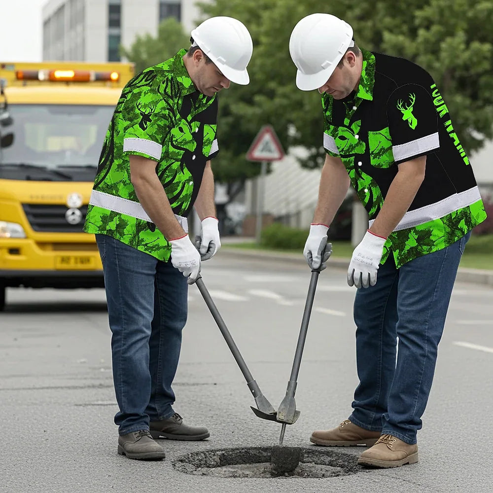 High Visibility Hawaiian Shirt Deer With Hunting Design, Reflective Hi Vis Custom Name Hoodie For Hunting Lover