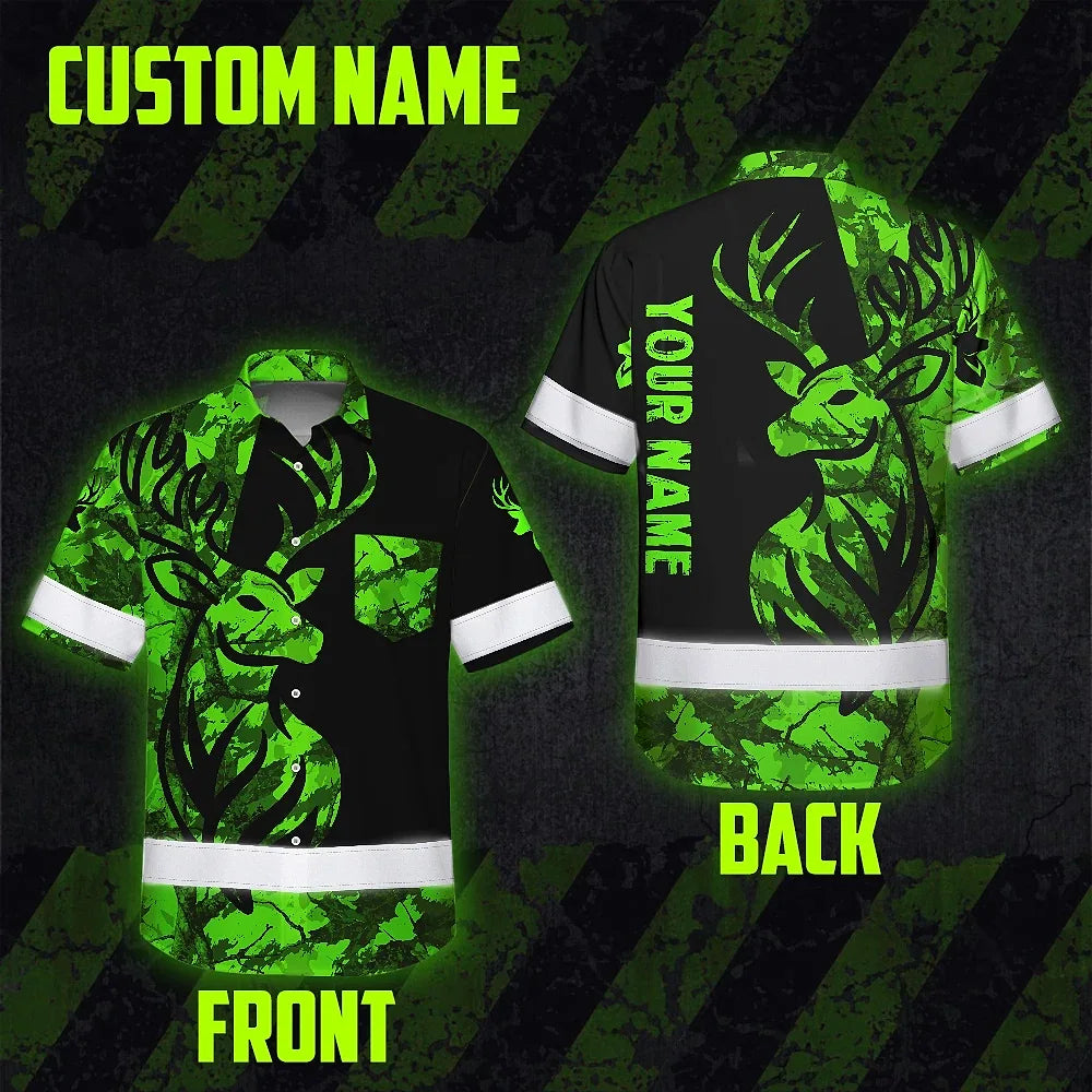 High Visibility Hawaiian Shirt Deer With Hunting Design, Reflective Hi Vis Custom Name Hoodie For Hunting Lover