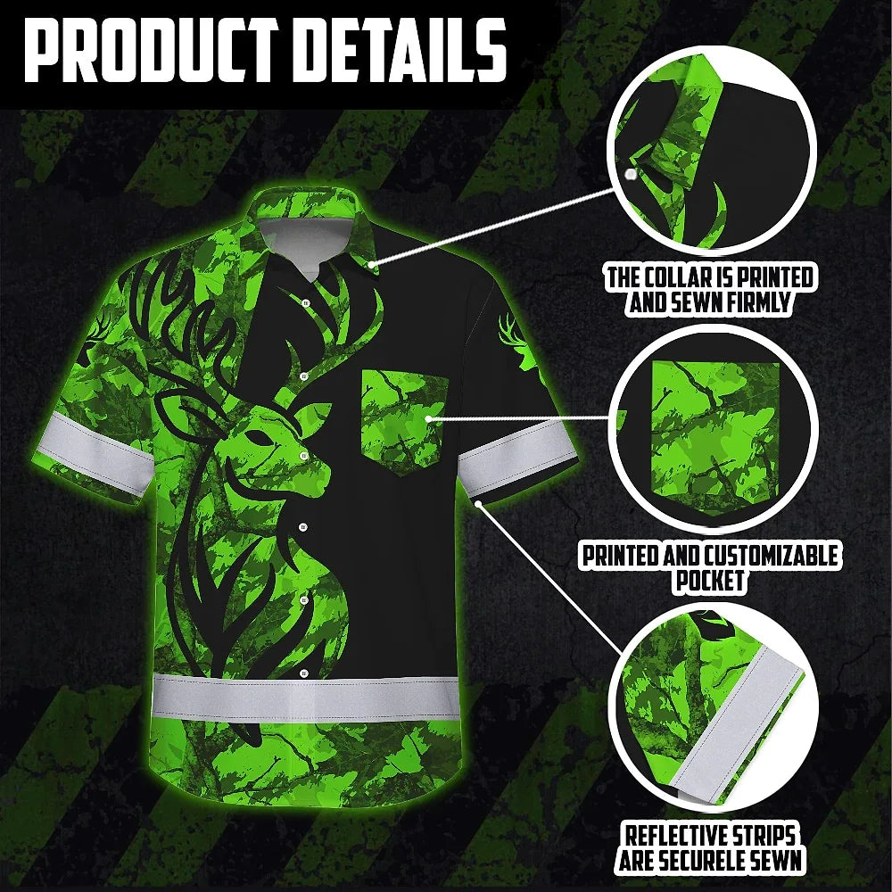 High Visibility Hawaiian Shirt Deer With Hunting Design, Reflective Hi Vis Custom Name Hoodie For Hunting Lover