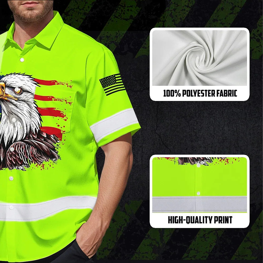 High Visibility Hawaiian Shirt Green Neon Reflective Eagles Safety Shirts For Workers Runners Patriotic
