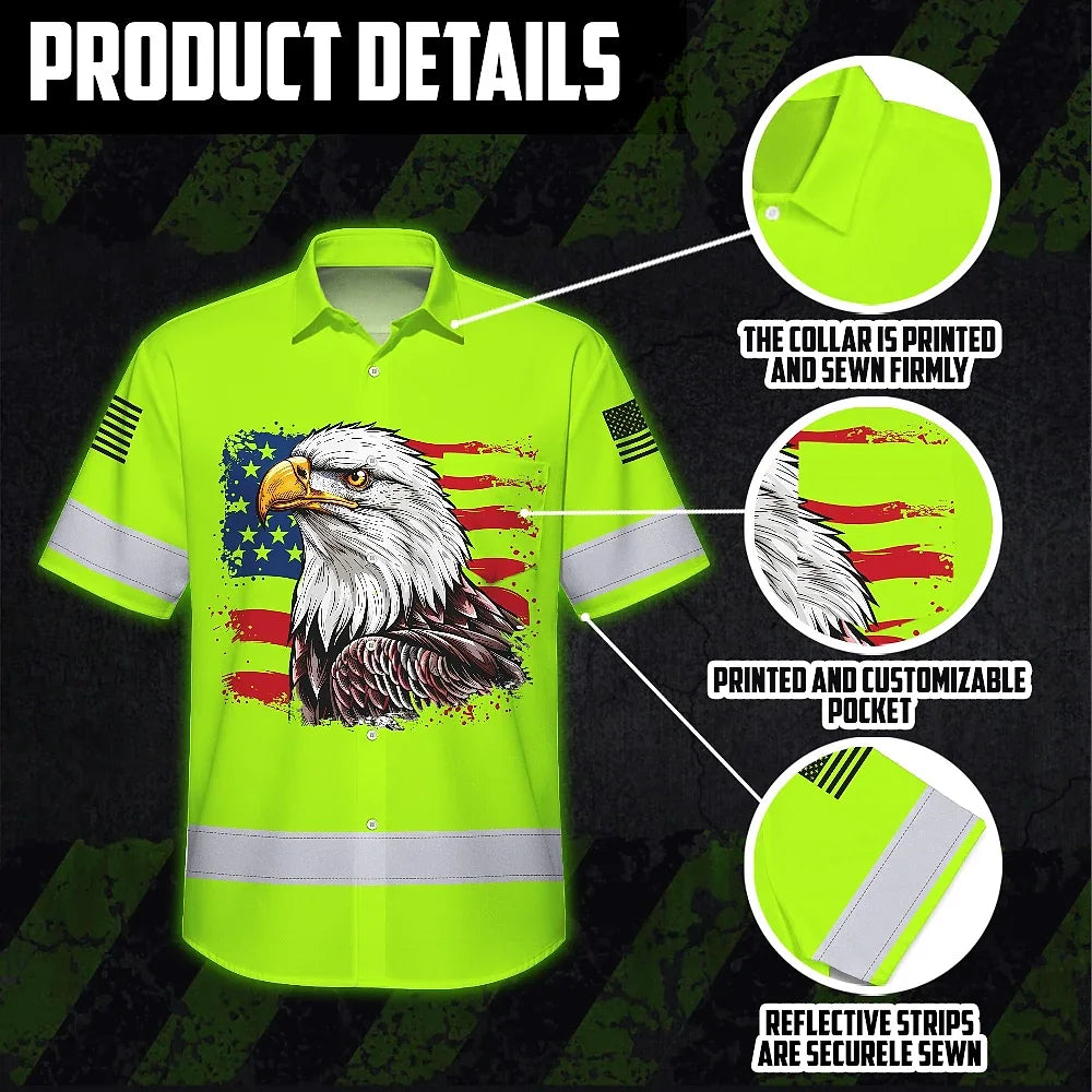 High Visibility Hawaiian Shirt Green Neon Reflective Eagles Safety Shirts For Workers Runners Patriotic