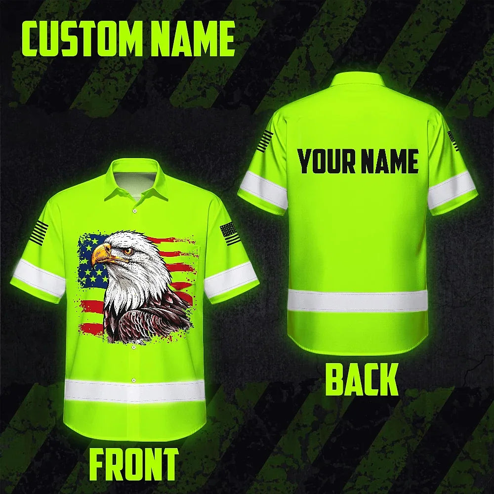 High Visibility Hawaiian Shirt Green Neon Reflective Eagles Safety Shirts For Workers Runners Patriotic