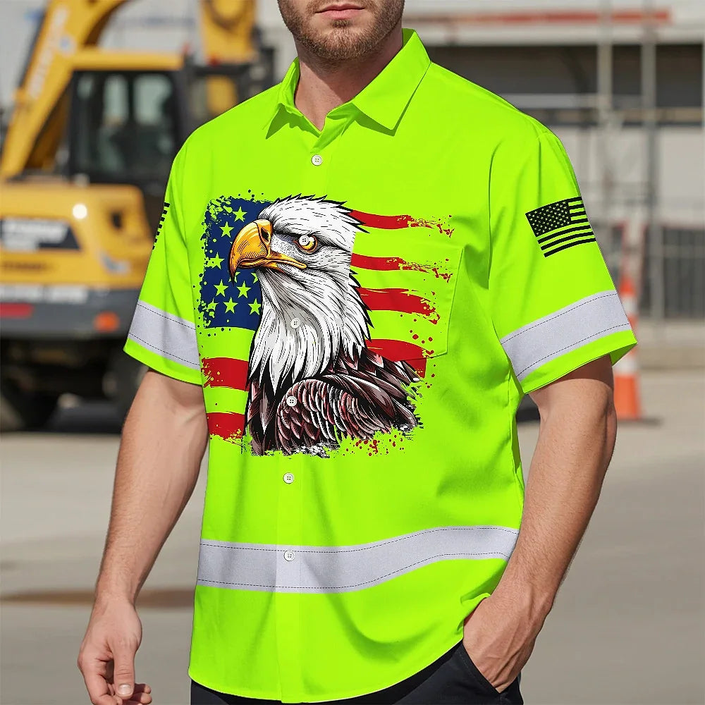 High Visibility Hawaiian Shirt Green Neon Reflective Eagles Safety Shirts For Workers Runners Patriotic