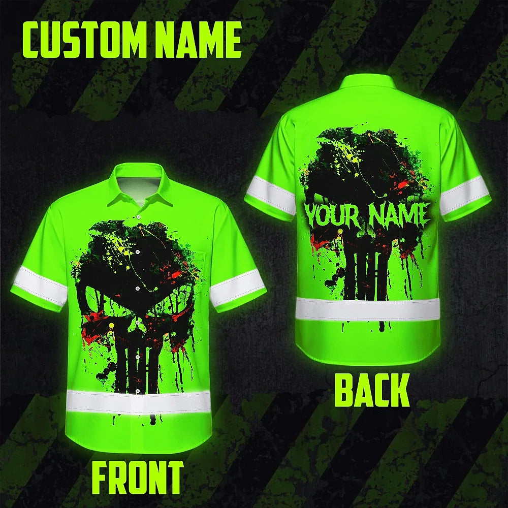 High Visibility Hawaiian Shirt Green Neon Reflective Paint Plash Skull Custom Name