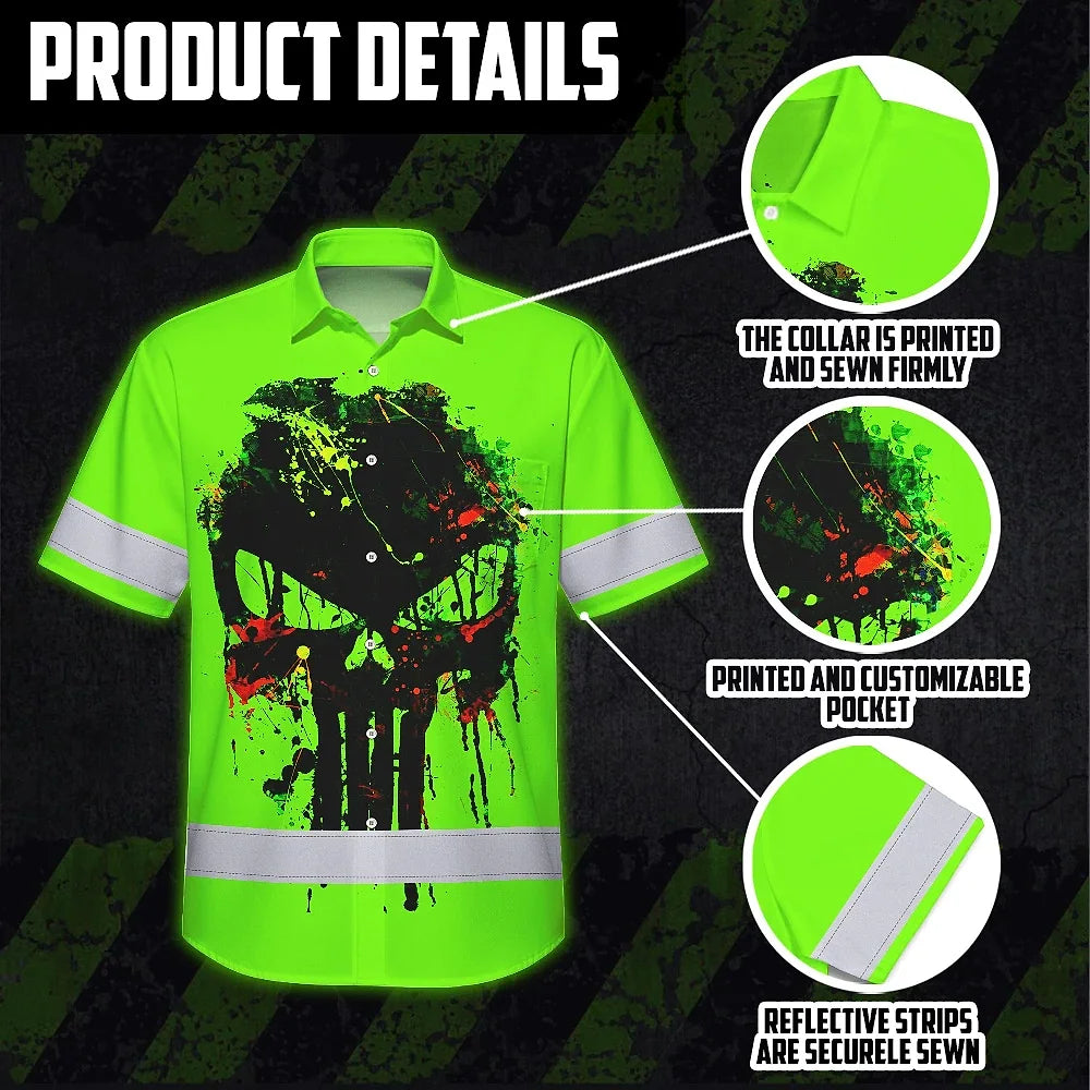 High Visibility Hawaiian Shirt Green Neon Reflective Paint Plash Skull Custom Name