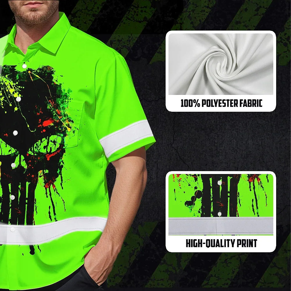 High Visibility Hawaiian Shirt Green Neon Reflective Paint Plash Skull Custom Name