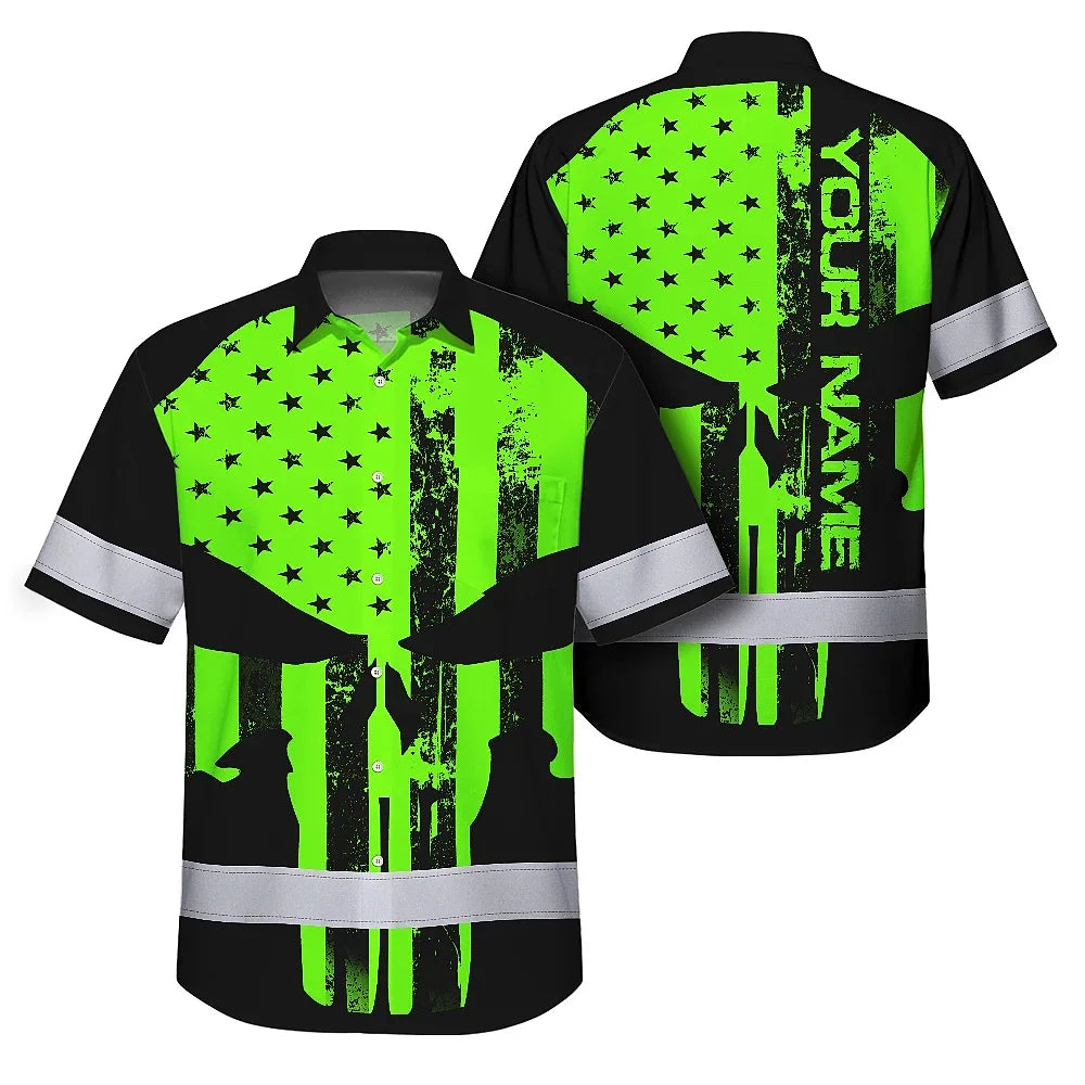 High Visibility Hawaiian Shirt Green Neon Skull America Flag Custom Name Safety Workwear For Skull Lover