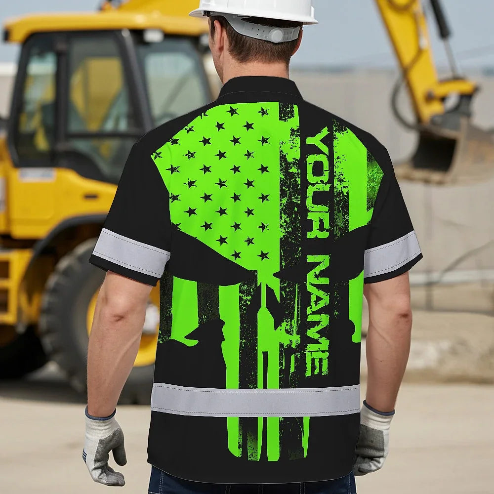 High Visibility Hawaiian Shirt Green Neon Skull America Flag Custom Name Safety Workwear For Skull Lover