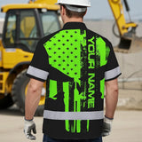 High Visibility Hawaiian Shirt Green Neon Skull America Flag Custom Name Safety Workwear For Skull Lover