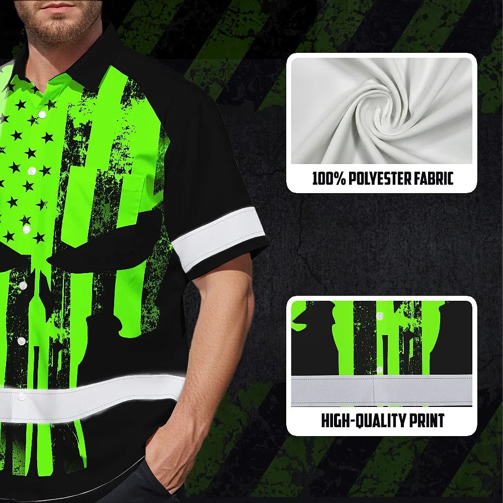 High Visibility Hawaiian Shirt Green Neon Skull America Flag Custom Name Safety Workwear For Skull Lover