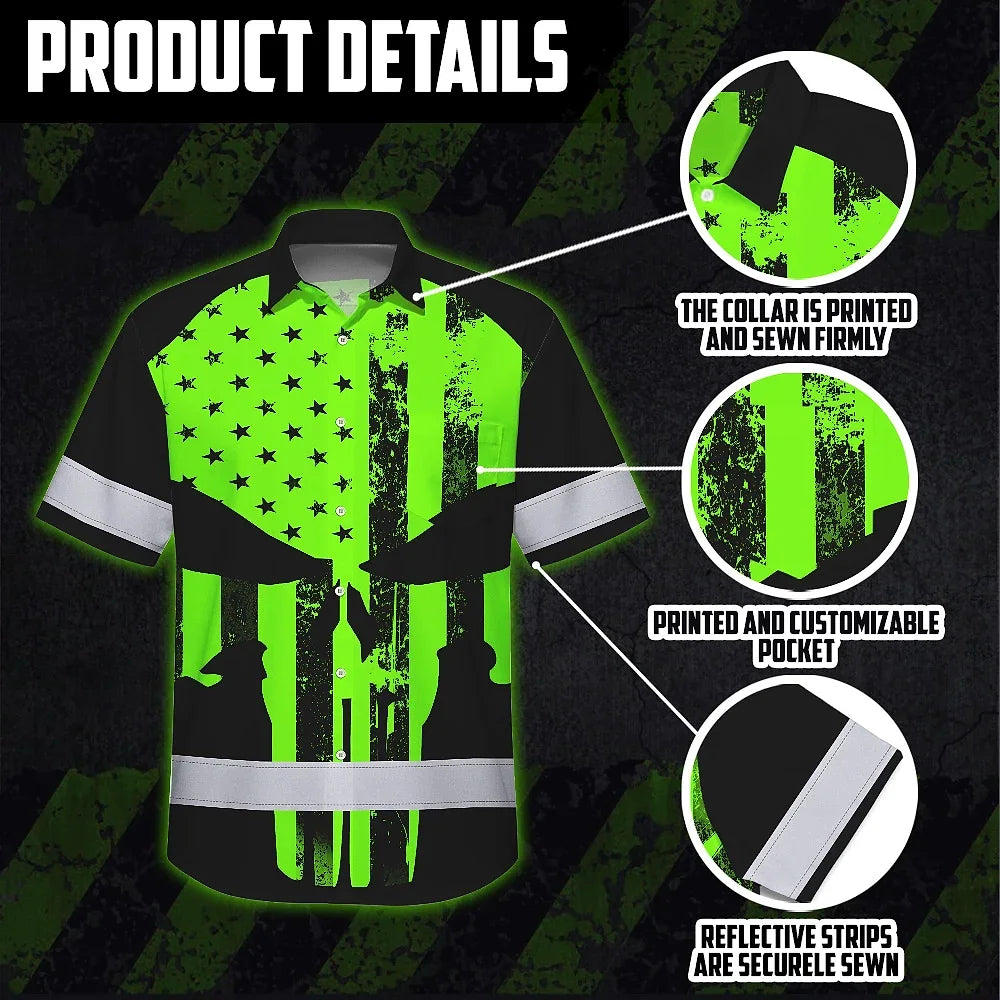 High Visibility Hawaiian Shirt Green Neon Skull America Flag Custom Name Safety Workwear For Skull Lover