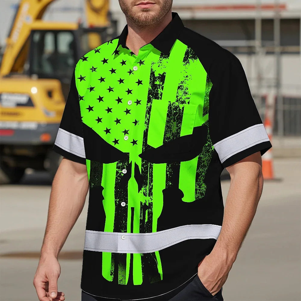 High Visibility Hawaiian Shirt Green Neon Skull America Flag Custom Name Safety Workwear For Skull Lover