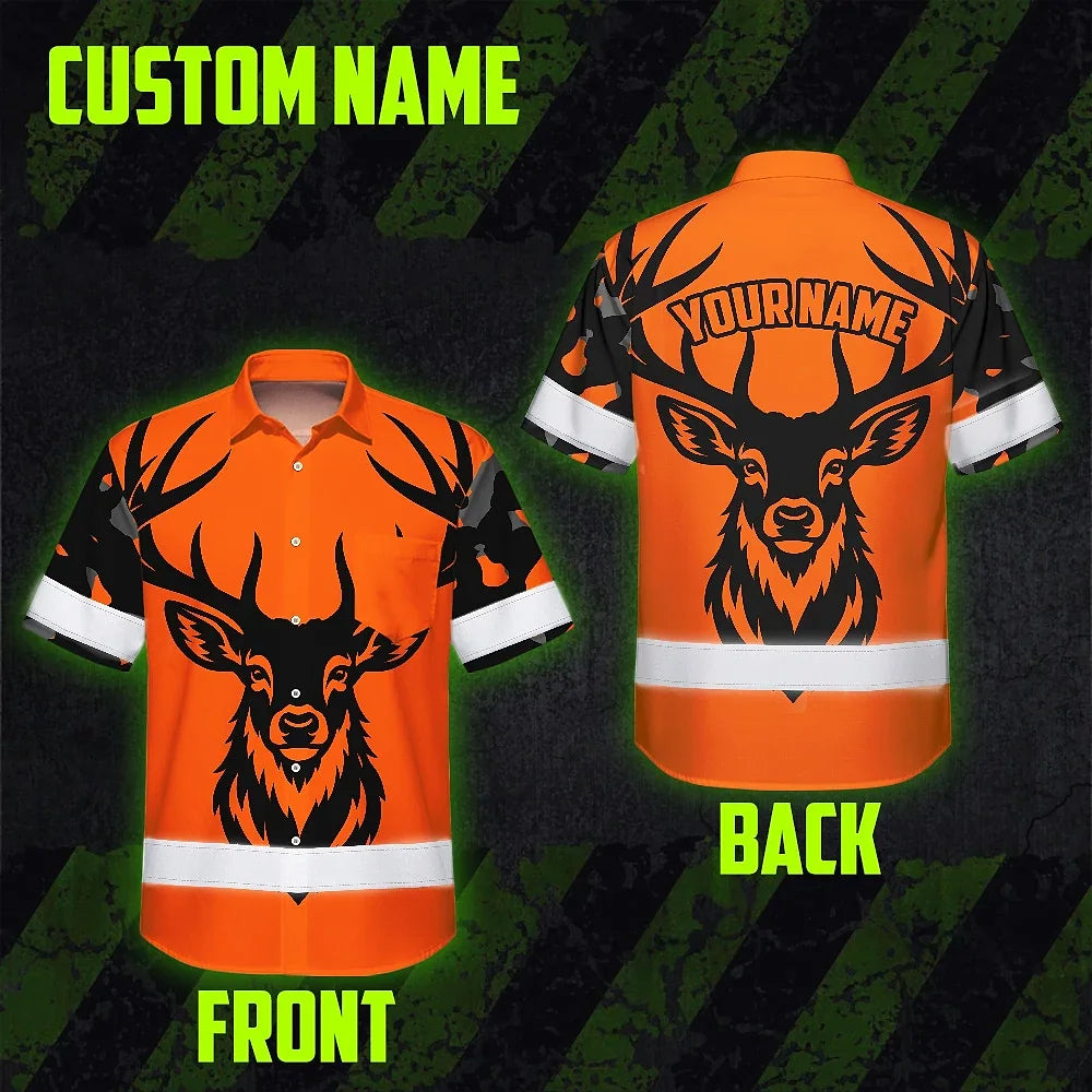 High Visibility Hawaiian Shirt Pattern Camo Hunting And Deer Design, Reflective Hi Vis Custom Name Hoodie For Hunting Lover