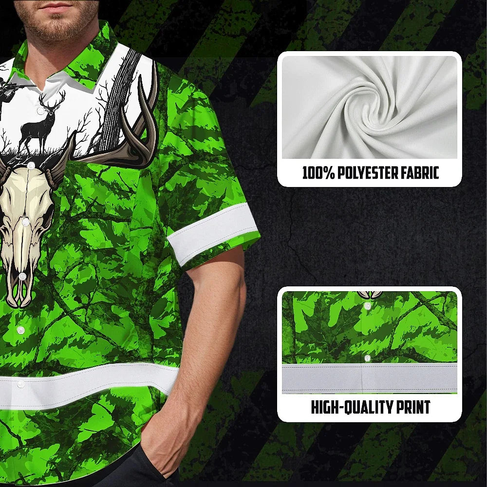 High Visibility Hawaiian Shirt Pattern Camo Hunting And Skull Deer Design, Reflective Hi Vis Custom Name Hoodie For Hunting Lover