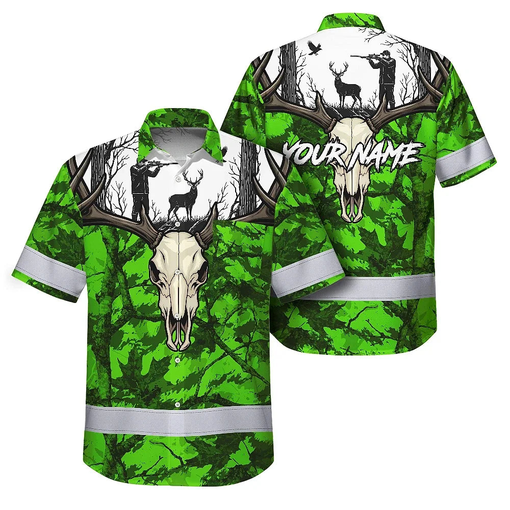 High Visibility Hawaiian Shirt Pattern Camo Hunting And Skull Deer Design, Reflective Hi Vis Custom Name Hoodie For Hunting Lover