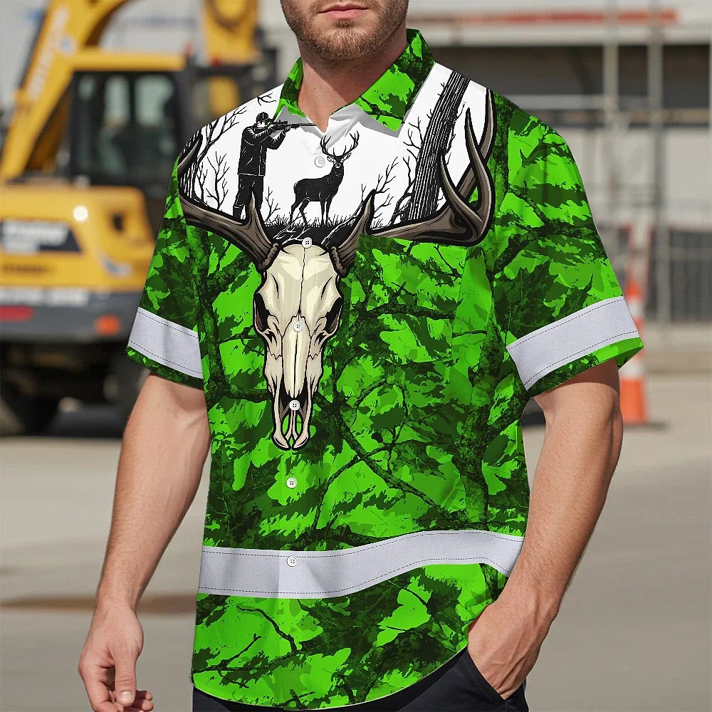 High Visibility Hawaiian Shirt Pattern Camo Hunting And Skull Deer Design, Reflective Hi Vis Custom Name Hoodie For Hunting Lover