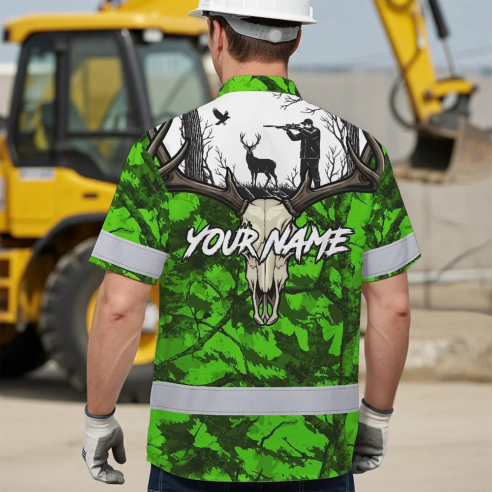 High Visibility Hawaiian Shirt Pattern Camo Hunting And Skull Deer Design, Reflective Hi Vis Custom Name Hoodie For Hunting Lover