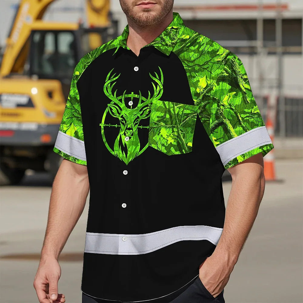 High Visibility Hawaiian Shirt Reflective Black And Green Camo Deer Hunting Custom Name Safety Workwear