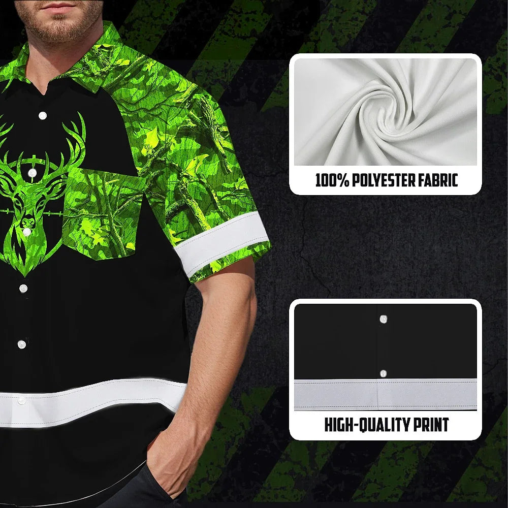 High Visibility Hawaiian Shirt Reflective Black And Green Camo Deer Hunting Custom Name Safety Workwear